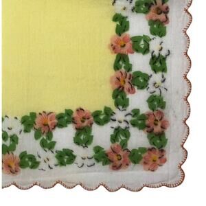 VTG Yellow Floral Scalloped Border Cotton Handkerchief Hankie Pocket Square 11”